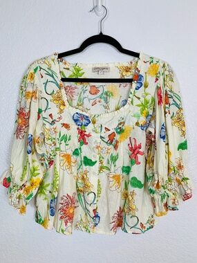 Laura Ashley Floral Crop Top Small Linen Blend CottageCore Botanical Ivory